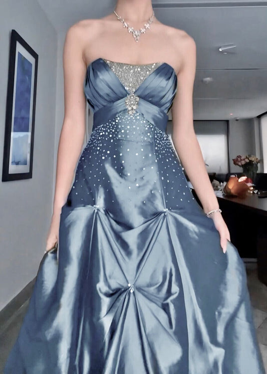 Pretty Ball Gown Strapless Satin Beads Long Prom Dress,Party Dress,Formal Evening Dress GG4856