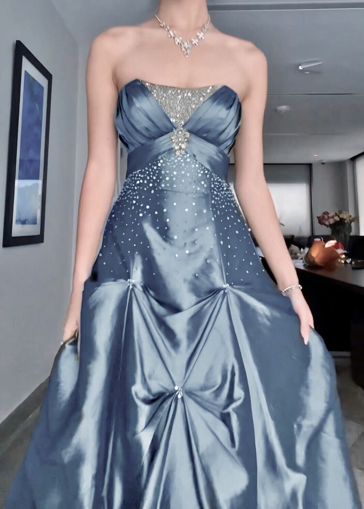 Pretty Ball Gown Strapless Satin Beads Long Prom Dress,Party Dress,Formal Evening Dress GG4856