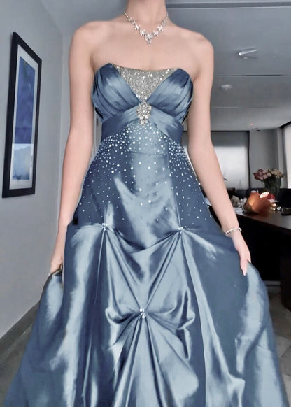 Pretty Ball Gown Strapless Satin Beads Long Prom Dress,Party Dress,Formal Evening Dress GG4856