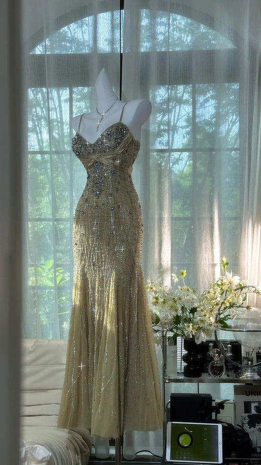 Chic Mermaid Spaghetti Straps Tulle Beads Long Prom Dress,Party Dress,Formal Evening Dress GG4859