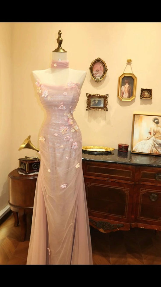 Pretty Mermaid Strapless Pink Tulle Applique Long Prom Dress,Party Dress,Formal Evening Dress GG4860