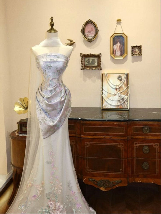 Luxurious Mermaid Strapless Satin Tulle Applique Long Prom Dress,Party Dress,Formal Evening Dress GG4861