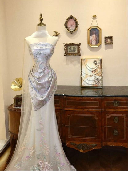 Luxurious Mermaid Strapless Satin Tulle Applique Long Prom Dress,Party Dress,Formal Evening Dress GG4861