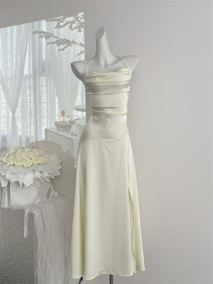 Simple A Line Halter Satin Slit Long Prom Dress,Party Dress,Formal Evening Dress GG4866