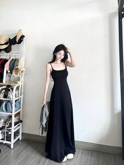 Simple Sheath A Line Spaghetti Straps Black Satin Long Prom Dress,Party Dress,Formal Evening Dress GG4867
