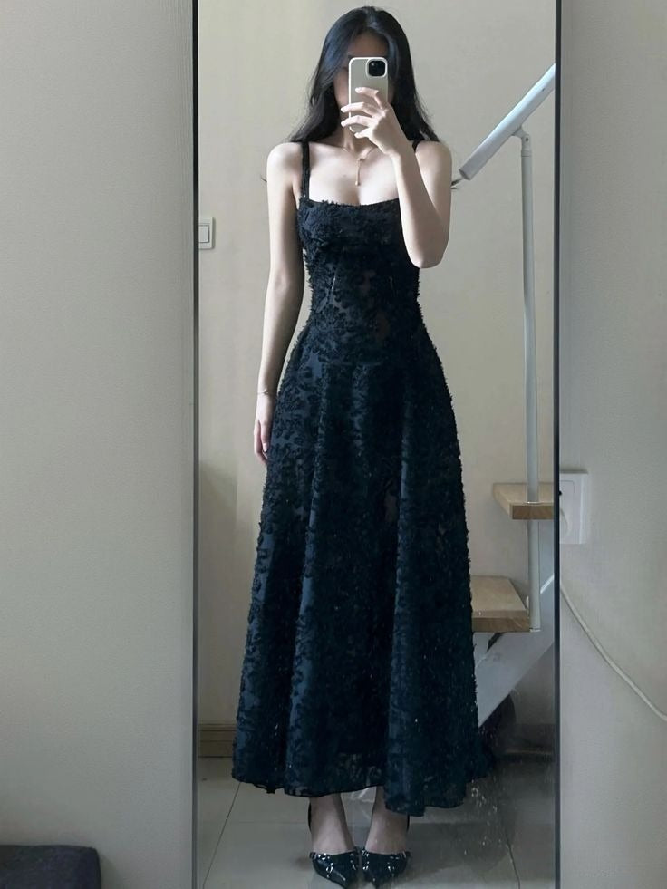 Romatic A Line Spaghetti Straps Black Lace Long Prom Dress,Party Dress,Formal Evening Dress GG4868