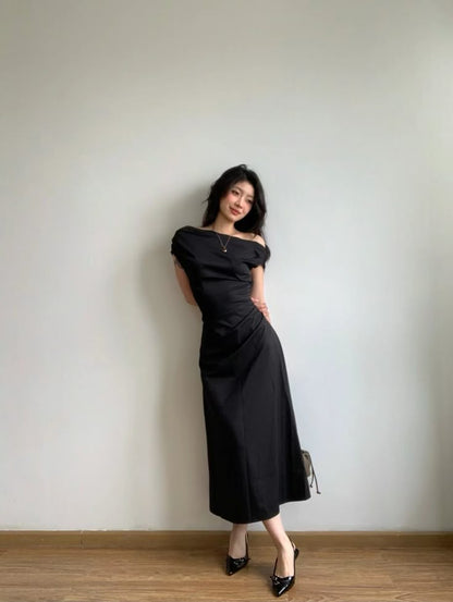 Modest A Line Off The Shoulder Black Satin Long Prom Dress,Party Dress,Formal Evening Dress GG4869