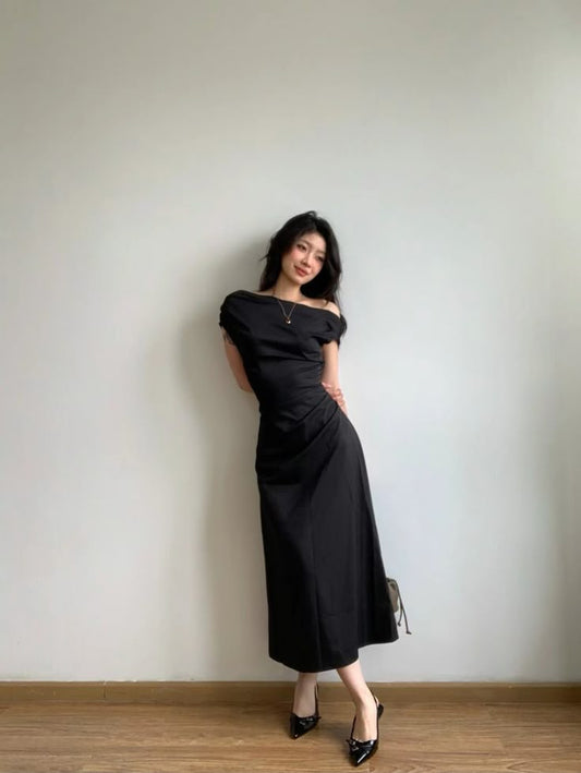 Modest A Line Off The Shoulder Black Satin Long Prom Dress,Party Dress,Formal Evening Dress GG4869