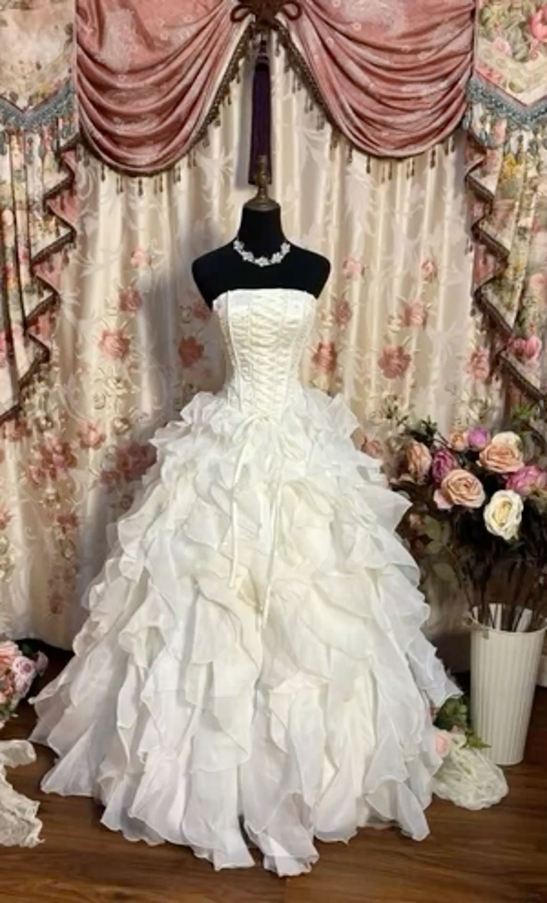 Sweet Ball Gown Strapless Satin Chiffon Ruffle Long Prom Dress,Wedding Dress,Formal Evening Dress GG4872