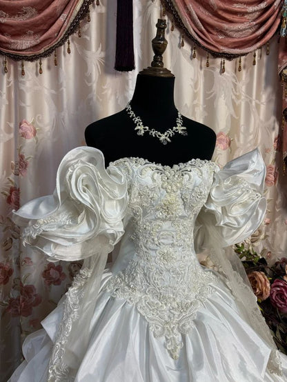 Unique Ball Gown Off The Shoulder Layer Satin Lace Long Prom Dress,Wedding Dress,Formal Evening Dress GG4873