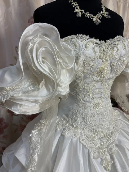 Unique Ball Gown Off The Shoulder Layer Satin Lace Long Prom Dress,Wedding Dress,Formal Evening Dress GG4873