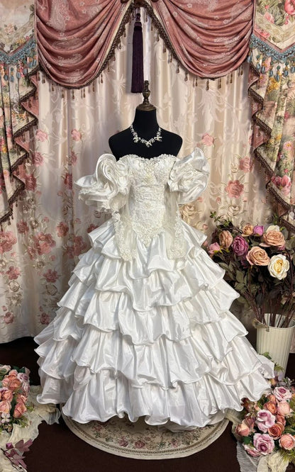 Unique Ball Gown Off The Shoulder Layer Satin Lace Long Prom Dress,Wedding Dress,Formal Evening Dress GG4873