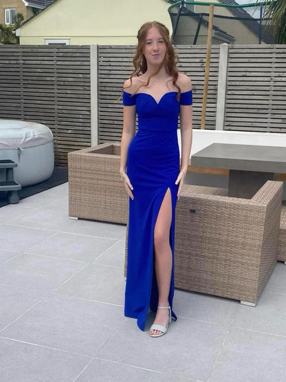 Elegant Mermaid Royal Blue Off The Shoulder Satin Slit Long Prom Dress,Party Dress,Formal Evening Dress GG4879