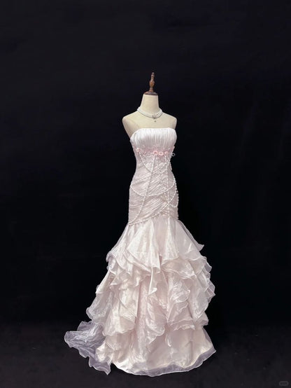 Princess Light Pink Mermaid Strapless Satin Beads Long Prom Dress,Party Dress,Formal Evening Dress GG4885