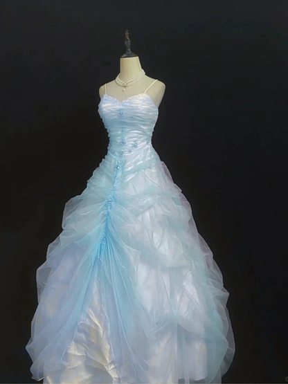 Unique Ball Gown Spaghetti Straps Satin Tulle Long Prom Dress,Party Dress,Formal Evening Dress GG4889