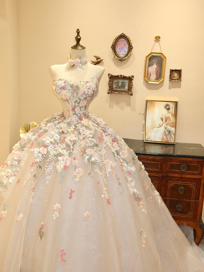 Fairy Ball Gown Strapless Tulle Applique Long Prom Dress,Party Dress,Formal Evening Dress GG4890