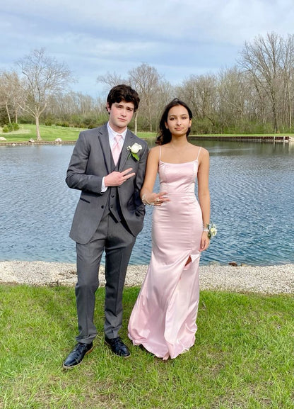 Light Pink Elegant Mermaid Spaghetti Straps Satin Slit Long Prom Dress,Party Dress,Formal Evening Dress GG4891