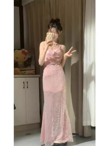 Shiny Pink Mermaid Spaghetti Straps Sequin Long Prom Dress,Party Dress,Formal Evening Dress GG4892