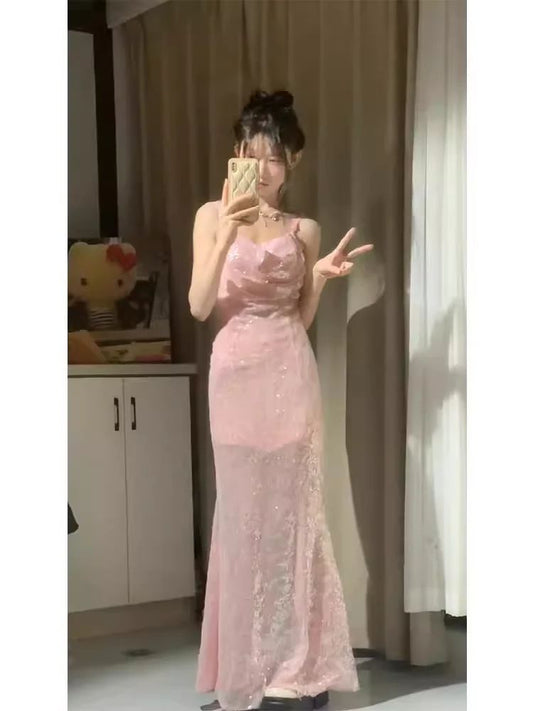 Shiny Pink Mermaid Spaghetti Straps Sequin Long Prom Dress,Party Dress,Formal Evening Dress GG4892