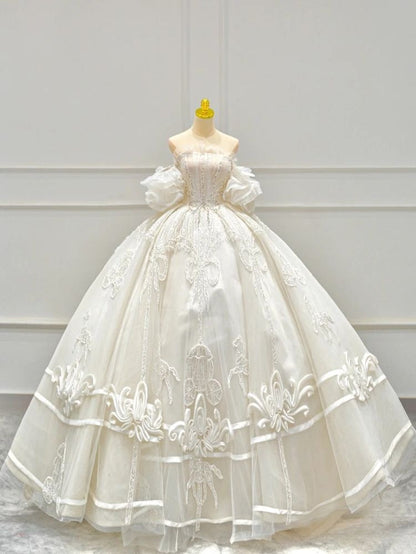 Dreamy Ball Gown Off The Shoulder Tulle Lace Long Prom Dress,Wedding Dress,Formal Evening Dress GG4893