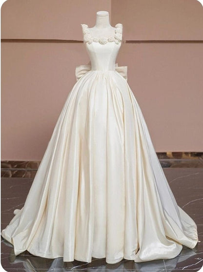Pretty Ball Gown Square Satin With Flowers Long Prom Dress,Wedding Dress,Formal Evening Dress GG4894