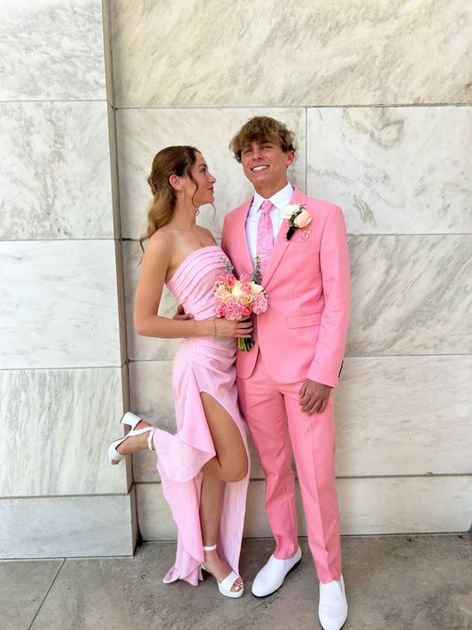 Chic Mermaid Strapless Pink Satin Pleated Slit Long Prom Dress,Party Dress,Formal Evening Dress GG4897