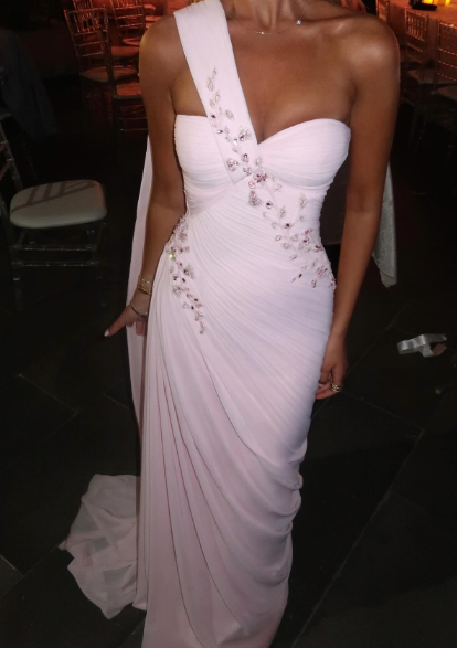 Aesthetic Mermaid One Shoulder Light Pink Chiffon Beads Long Prom Dress,Party Dress,Formal Evening Dress GG4904