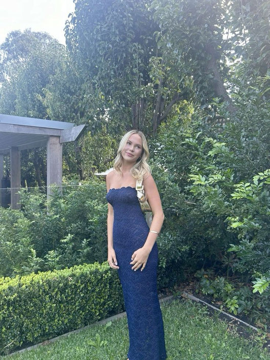 Chic Navy Mermaid Strapless Lace Long Prom Dress,Party Dress,Formal Evening Dress GG4908