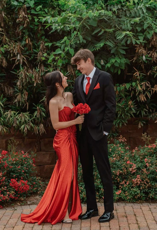 Elegant Mermaid Sweetheart Red Satin Beads Slit Long Prom Dress,Party Dress,Formal Evening Dress GG4913