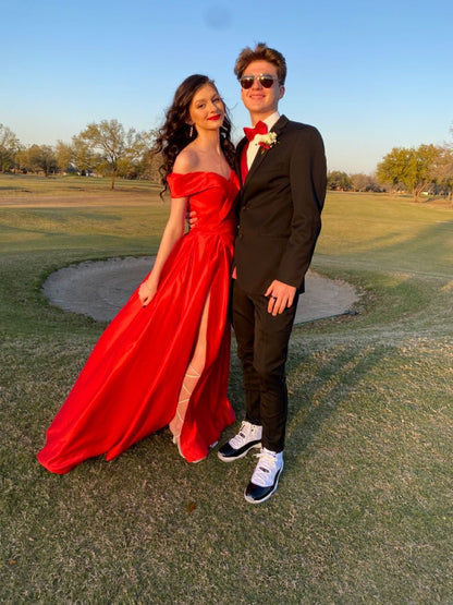 Red Elegant A Line Off The Shoulder Satin Slit Long Prom Dress,Party Dress,Formal Evening Dress GG4914
