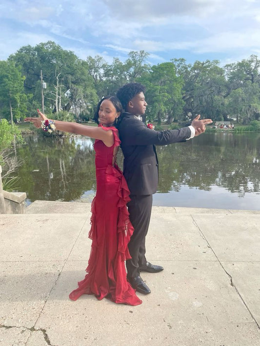 Burgundy Mermaid Spaghetti Straps Satin Chiffon Ruffle Long Prom Dress,Party Dress,Formal Evening Dress GG4915