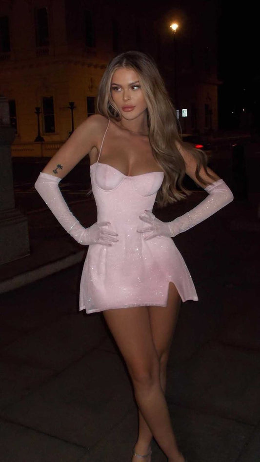 Sparkles Pink A Line Spaghetti Straps Satin Sequin Short Homecoming Dress,Vacation Dress,Summer 19th Birthday Dress GG4921