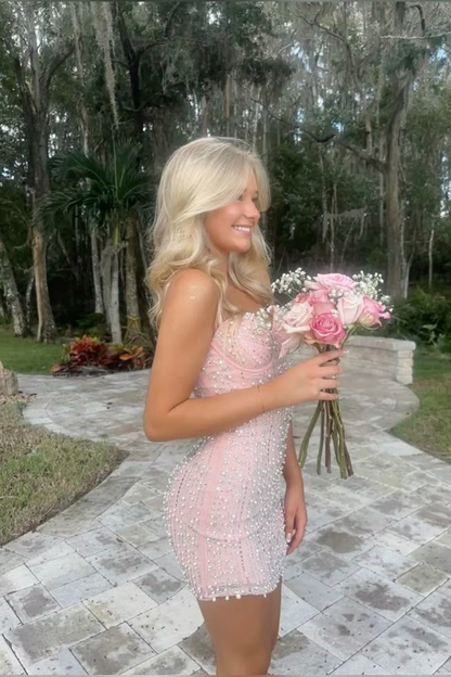 Gorgeous Mermaid Spaghetti Straps Pink Satin Beads Short Homecoming Dress,Vacation Dress,Summer 20th Birthday Dress GG4923