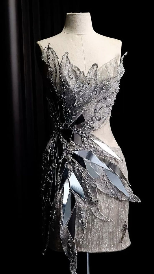 Unique Mermaid Strapless Tulle Sequin Beads Short Homecoming Dress,Vacation Dress,Summer 19th Birthday Dress GG4925