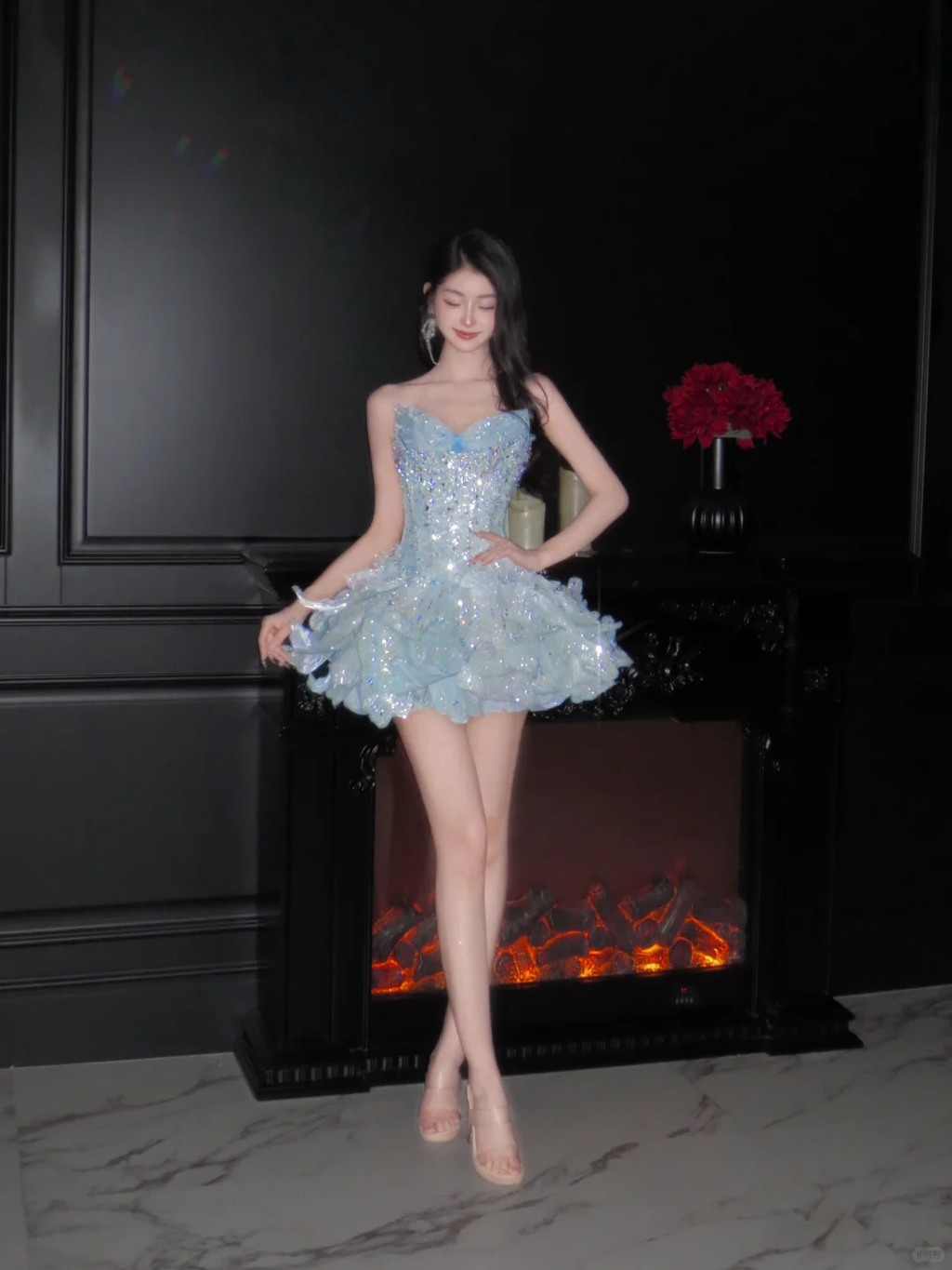 Aesthetic Pale Blue Ball Gown Strapless Sequin Beads Short Homecoming Dress,Vacation Dress,Summer 17th Birthday Dress GG4927