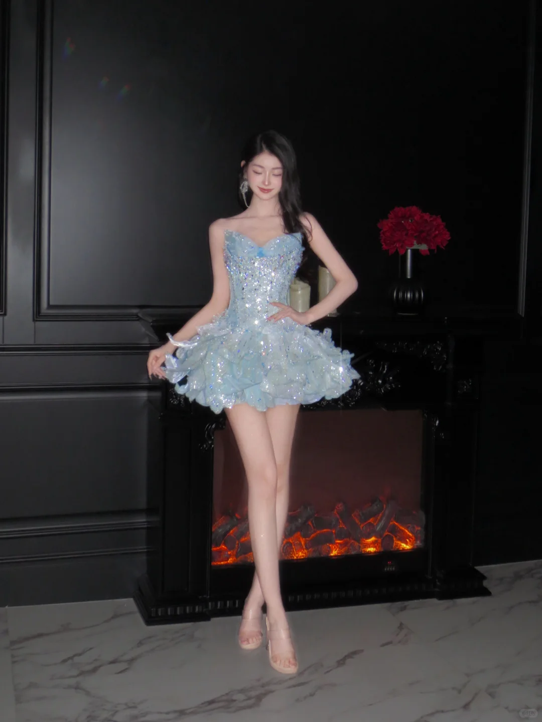 Aesthetic Pale Blue Ball Gown Strapless Sequin Beads Short Homecoming Dress,Vacation Dress,Summer 17th Birthday Dress GG4927