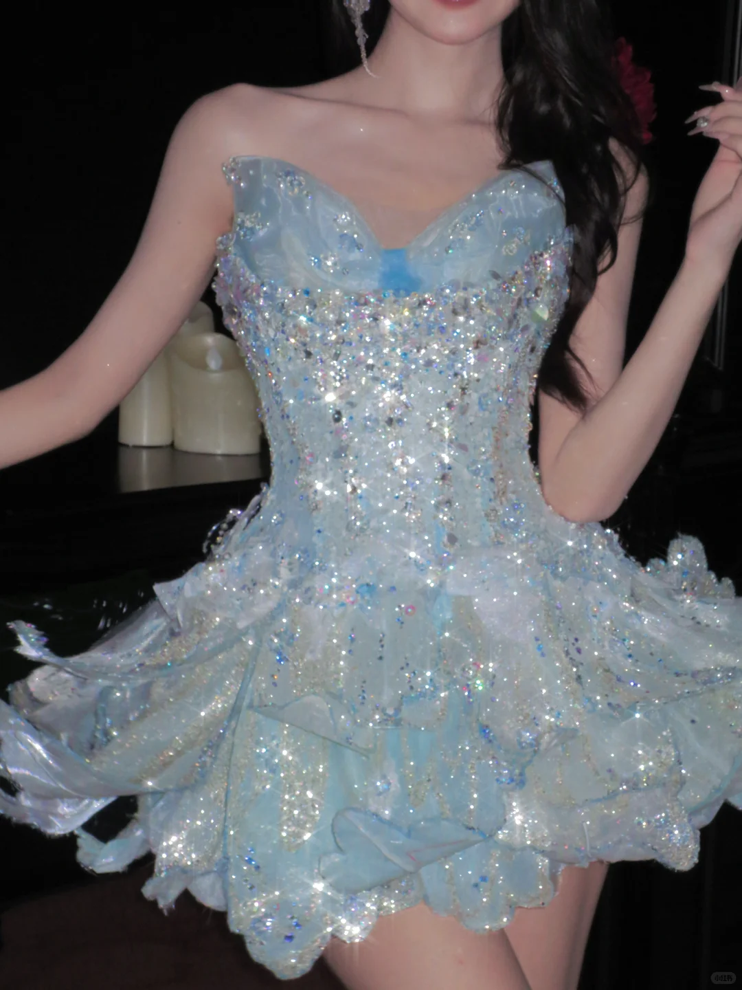 Aesthetic Pale Blue Ball Gown Strapless Sequin Beads Short Homecoming Dress,Vacation Dress,Summer 17th Birthday Dress GG4927