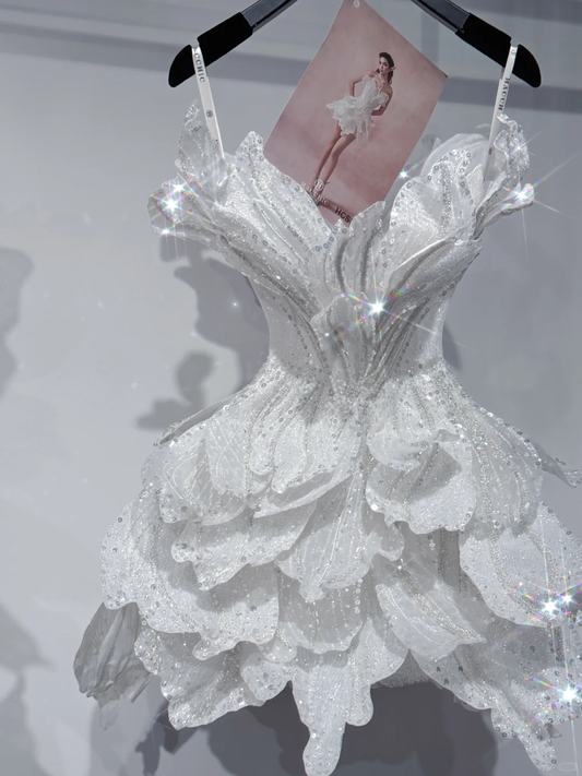 White Chic Ball Gown Spaghetti Straps Sequin Short Homecoming Dress,Vacation Dress,Summer 18th Birthday Dress GG4928