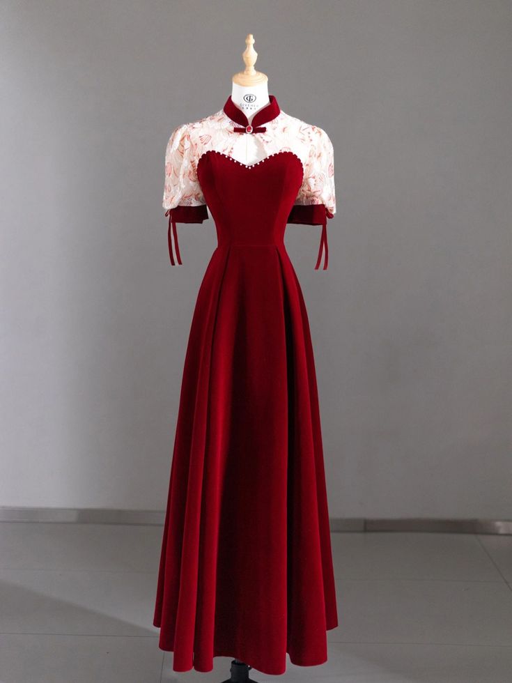 Chinese Style Burgundy A Line Half Collar Velvet Short Sleeve Long Prom Dress,Evening Dress GG493