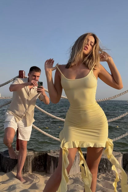 Sheath Mermaid Spaghetti Straps Pastel Yellow Satin Chiffon Ruffles Short Homecoming Dress,Vacation Dress,Summer 22th Birthday Dress GG4935