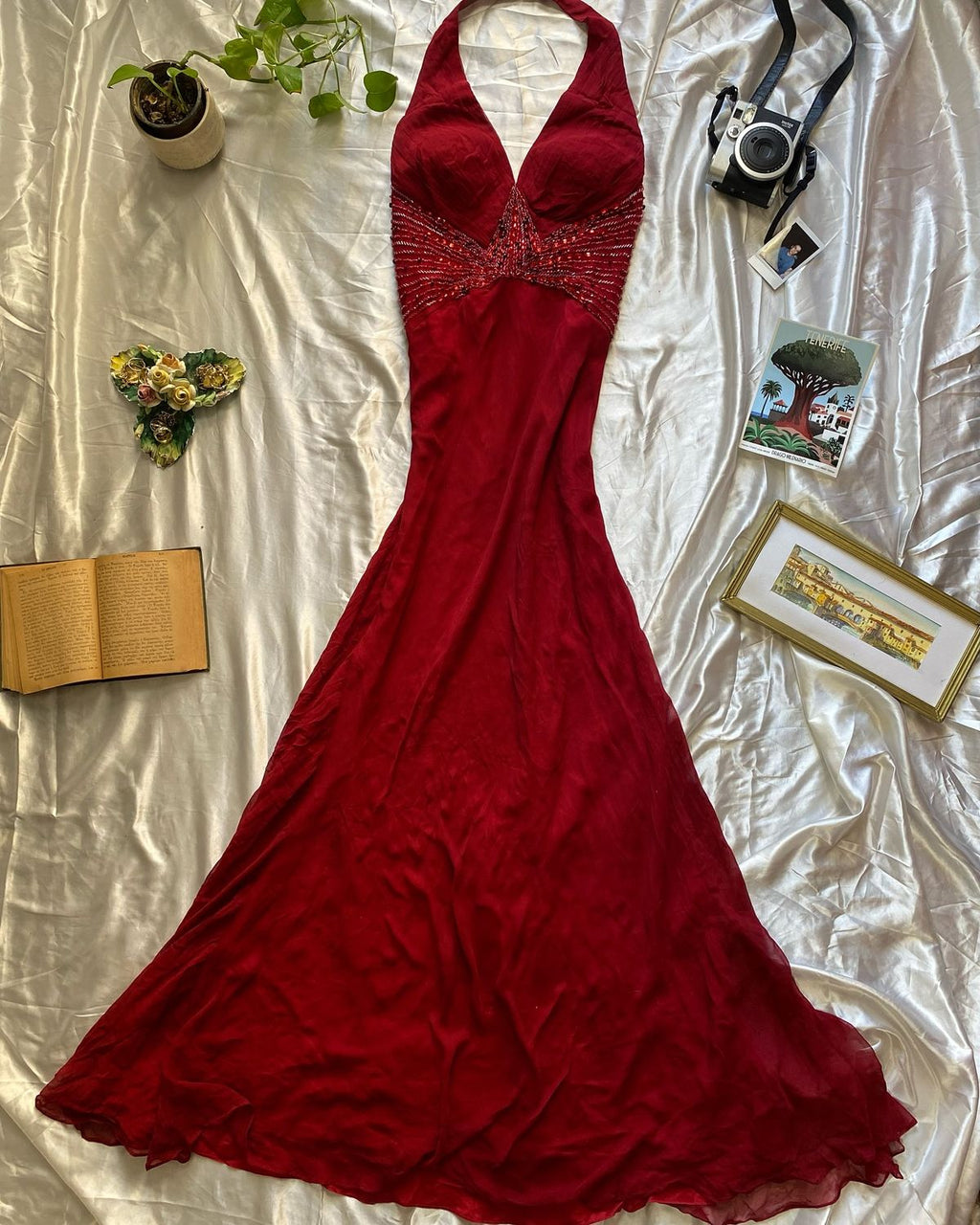 Burgundy A Line Halter Satin Sequin Beads Long Prom Dress,Party Dress,Formal Evening Dress GG4937