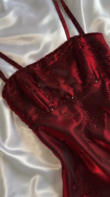 Vintage Burgundy A Line Spaghetti Straps Satin Beads Long Prom Dress,Party Dress,Formal Evening Dress GG4938