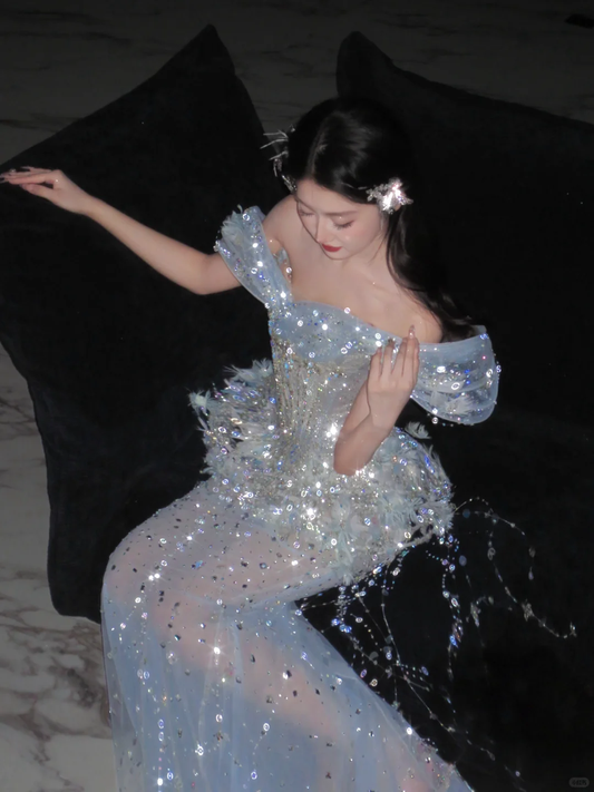 Spacial Mermaid Off The Shoulder Sequin Beads Tassel Long Prom Dress,Party Dress,Formal Evening Dress GG4942