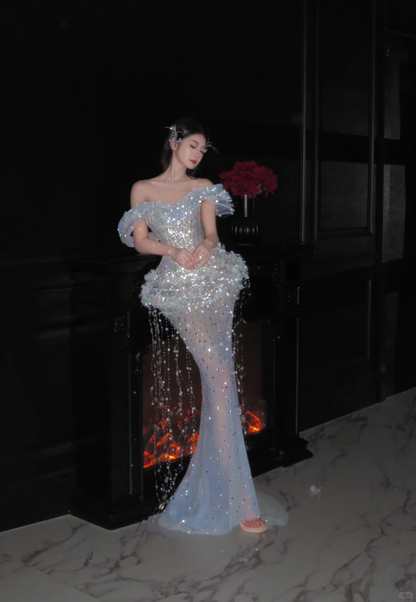 Spacial Mermaid Off The Shoulder Sequin Beads Tassel Long Prom Dress,Party Dress,Formal Evening Dress GG4942