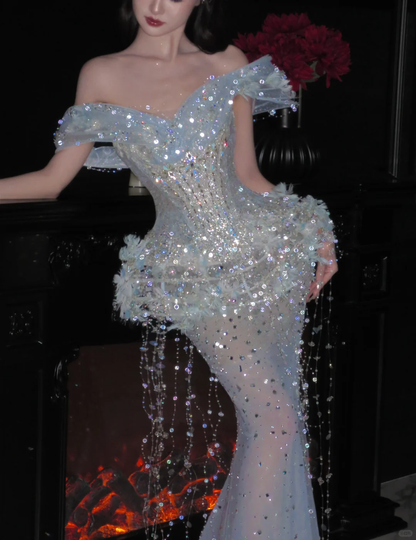 Spacial Mermaid Off The Shoulder Sequin Beads Tassel Long Prom Dress,Party Dress,Formal Evening Dress GG4942