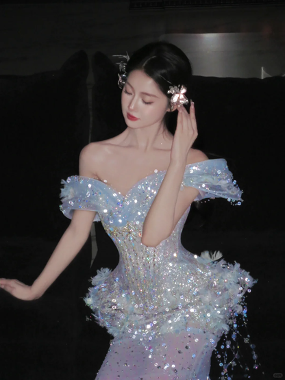 Spacial Mermaid Off The Shoulder Sequin Beads Tassel Long Prom Dress,Party Dress,Formal Evening Dress GG4942