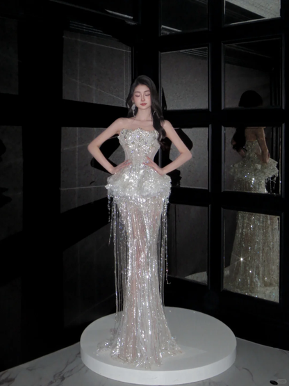 Sparkly Mermaid Strapless Sequin Beads Tassel Long Prom Dress,Party Dress,Formal Evening Dress GG4943