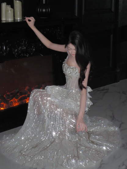 Sparkly Mermaid Strapless Sequin Beads Tassel Long Prom Dress,Party Dress,Formal Evening Dress GG4943