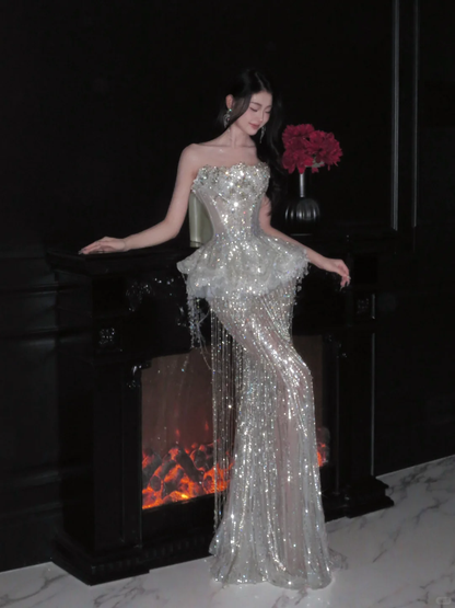 Sparkly Mermaid Strapless Sequin Beads Tassel Long Prom Dress,Party Dress,Formal Evening Dress GG4943