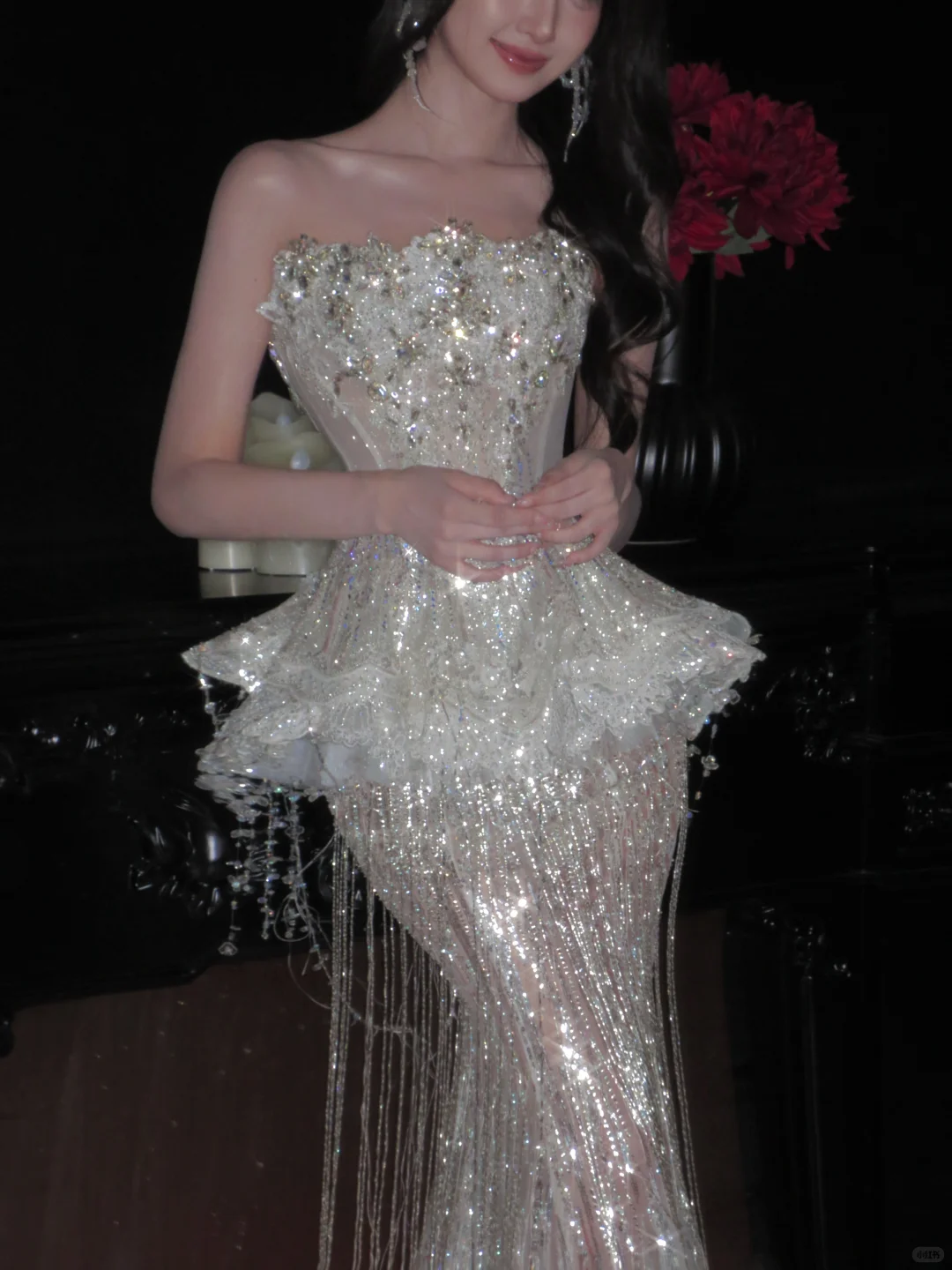 Sparkly Mermaid Strapless Sequin Beads Tassel Long Prom Dress,Party Dress,Formal Evening Dress GG4943